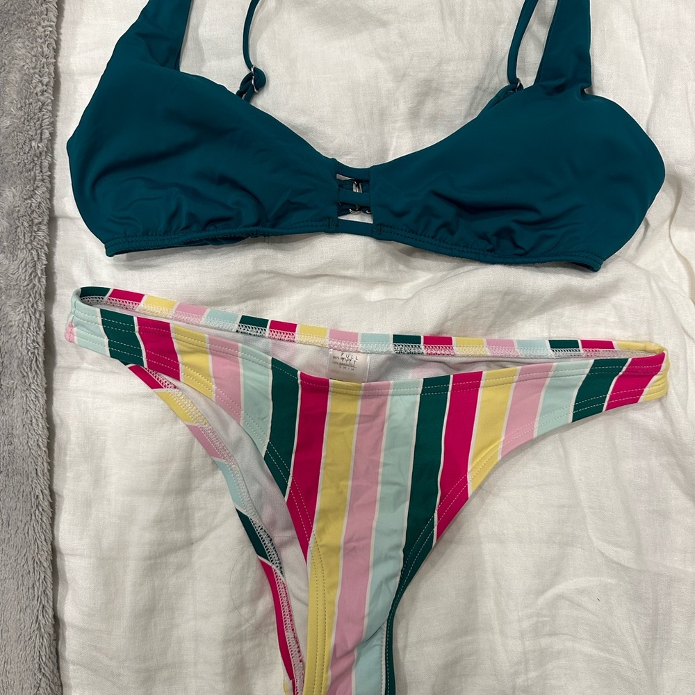 Full Tilt Teal and Striped Bikini Set